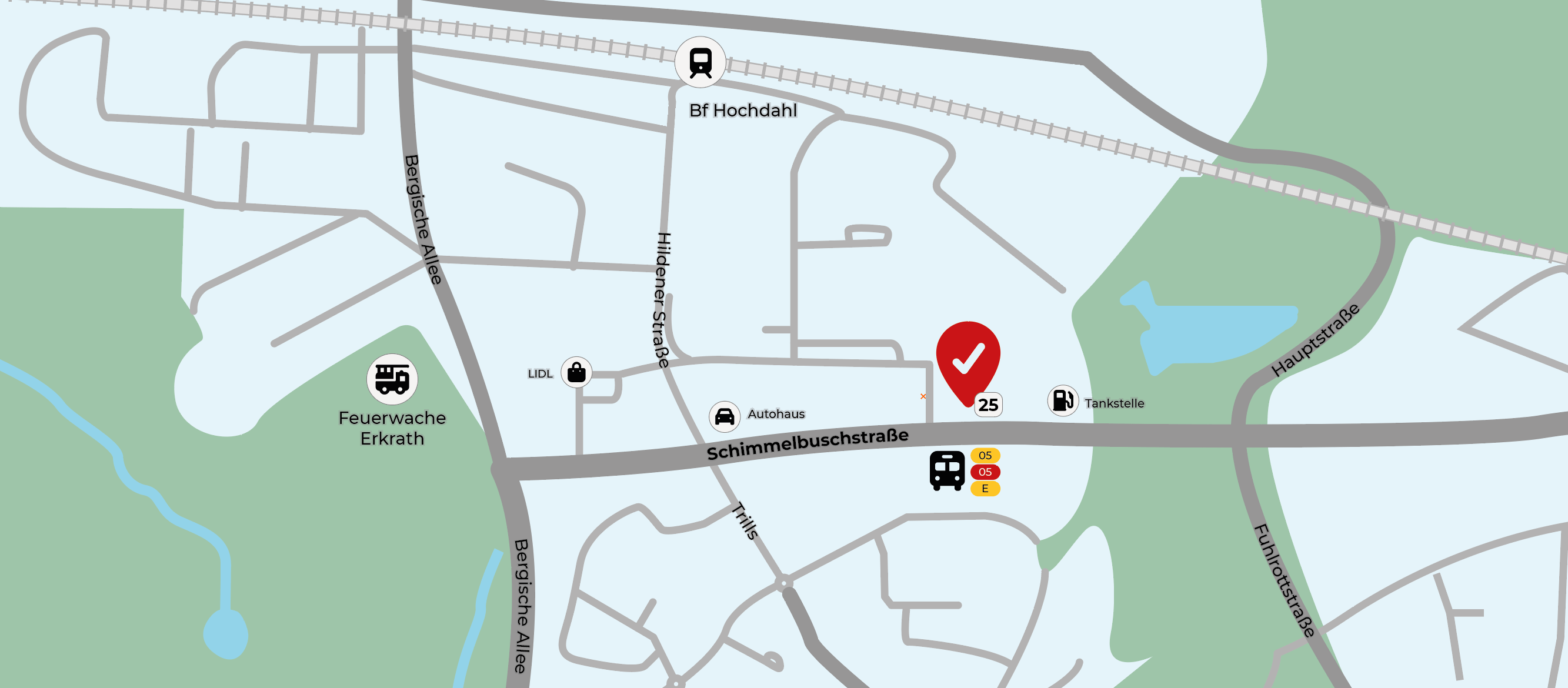 Lageplan der Hauptniederlassung: Schimmelbuschstraße 25 in Erkrath, südlich des Bahnhofs Hochdahl, zwischen Hildener Straße und Hauptstraße. Eine Bushaltestelle liegt direkt gegenüber.